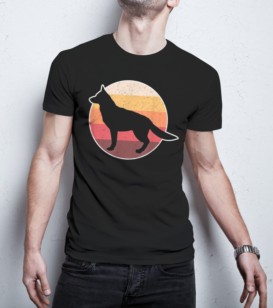 Vintage German Shepherd Silhouette With Retro Sunset Stripes T-Shirt