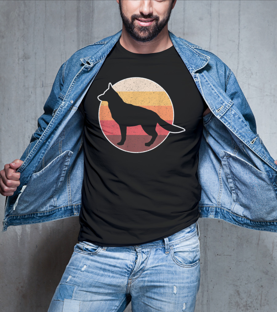 Vintage German Shepherd Silhouette With Retro Sunset Stripes T-Shirt