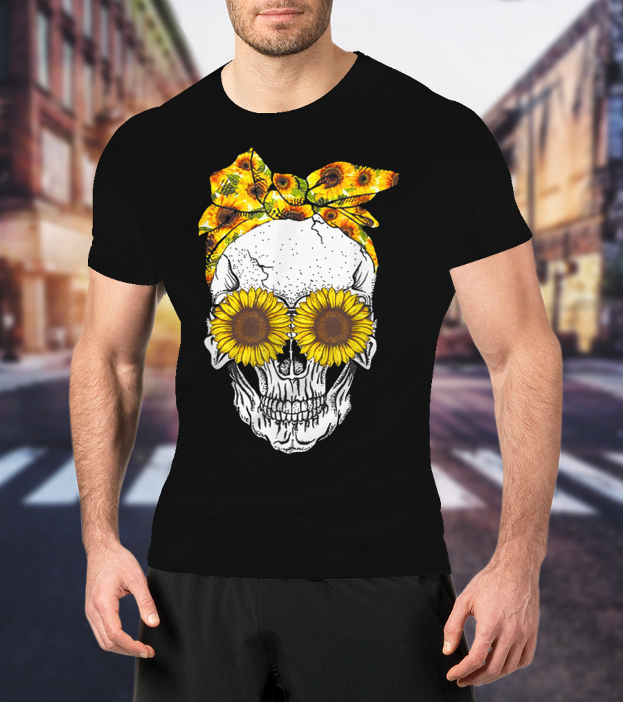 Skull With Sunflower Glasses And Floral Headband T-Shirt