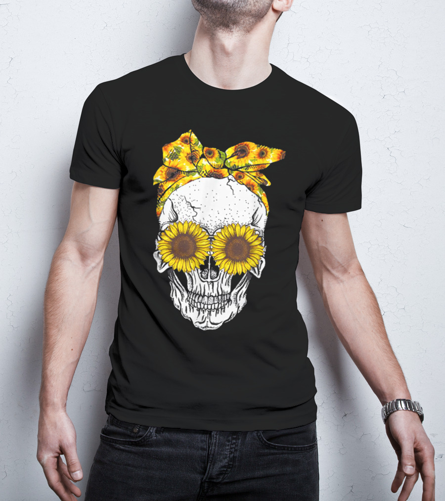 Skull With Sunflower Glasses And Floral Headband T-Shirt