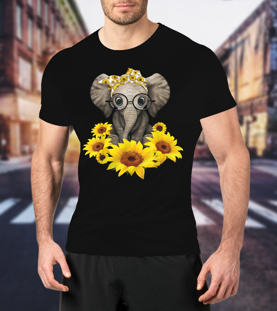 Sunflower Elephant For Woman Who Loves Elephant With Glasses And Floral Headband T-Shirt