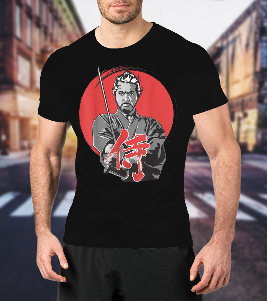 Samurai Warrior With Katana Red Sun Background T-Shirt