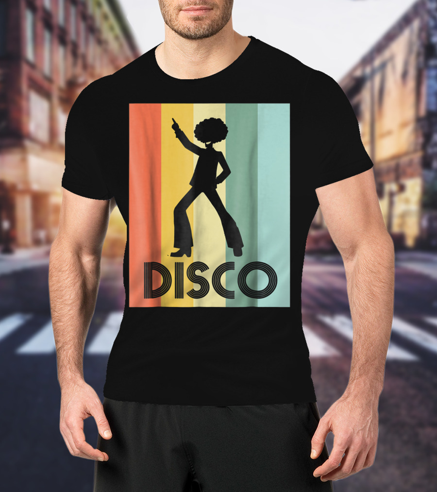 70s Disco Dancing Silhouette Retro Stripes T-Shirt