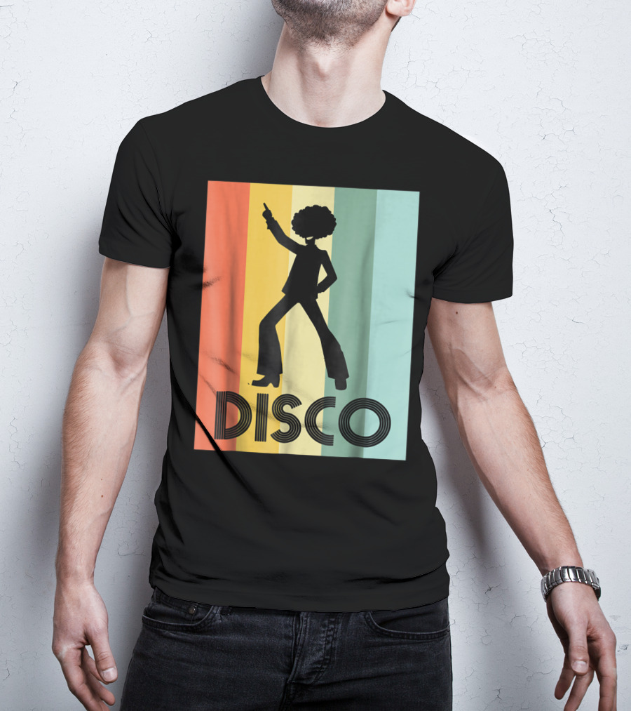 70s Disco Dancing Silhouette Retro Stripes T-Shirt