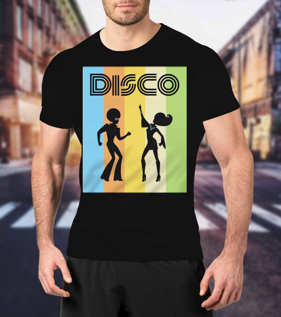 Disco Dancing 70s Disco Dancer With Silhouette And Retro Stripes T-Shirt