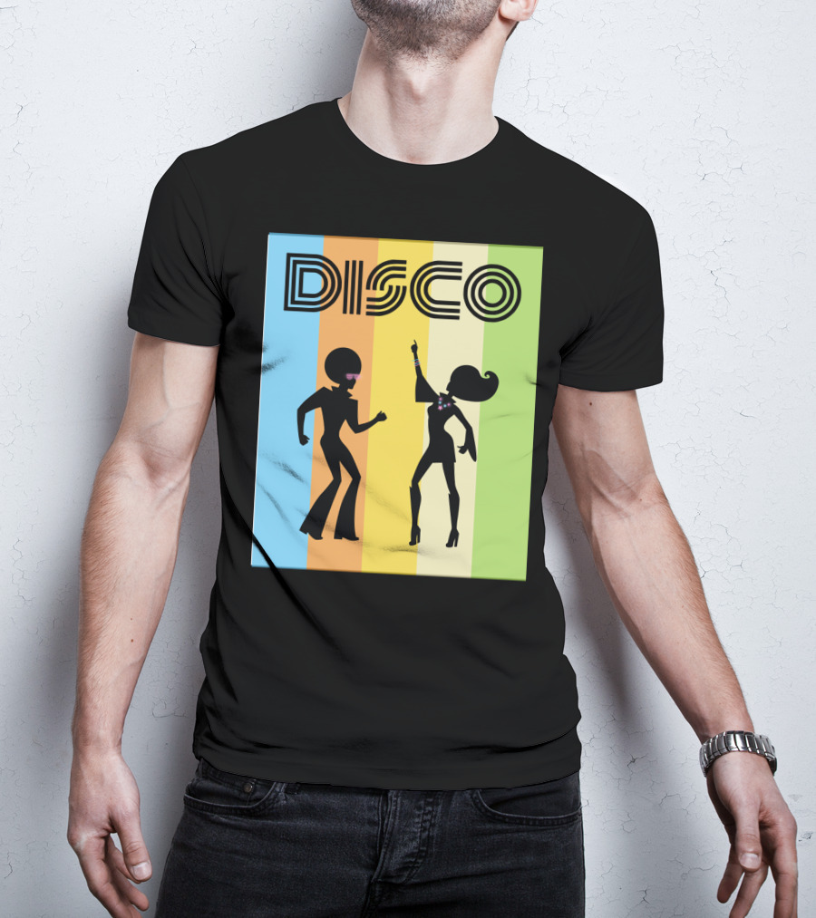 Disco Dancing 70s Disco Dancer With Silhouette And Retro Stripes T-Shirt