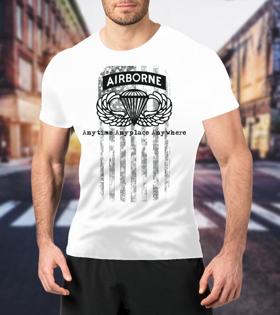 Airborne Paratrooper Black Jump Wings Anytime Anyplace Anywhere T-Shirt