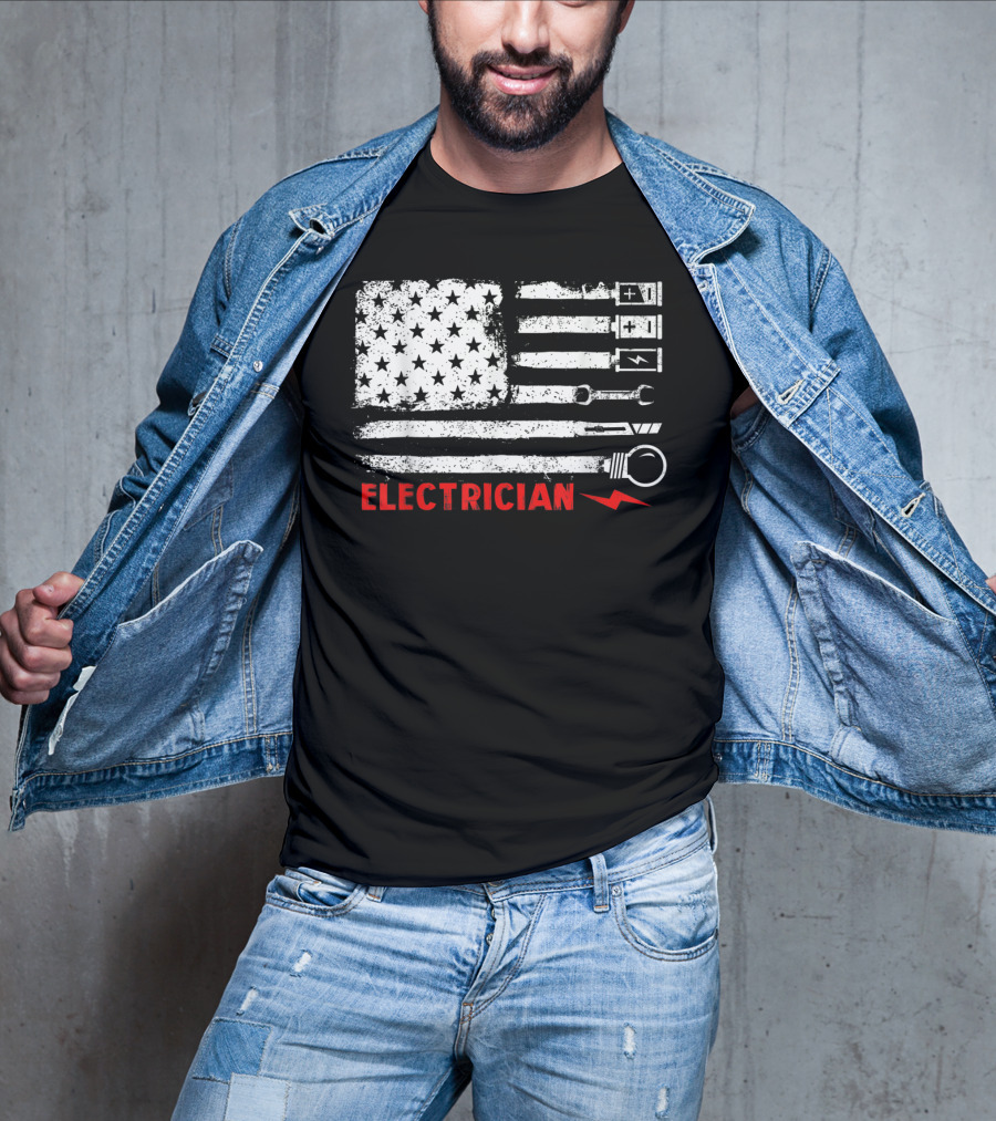American Flag Electrician With Tools And Symbols T-Shirt