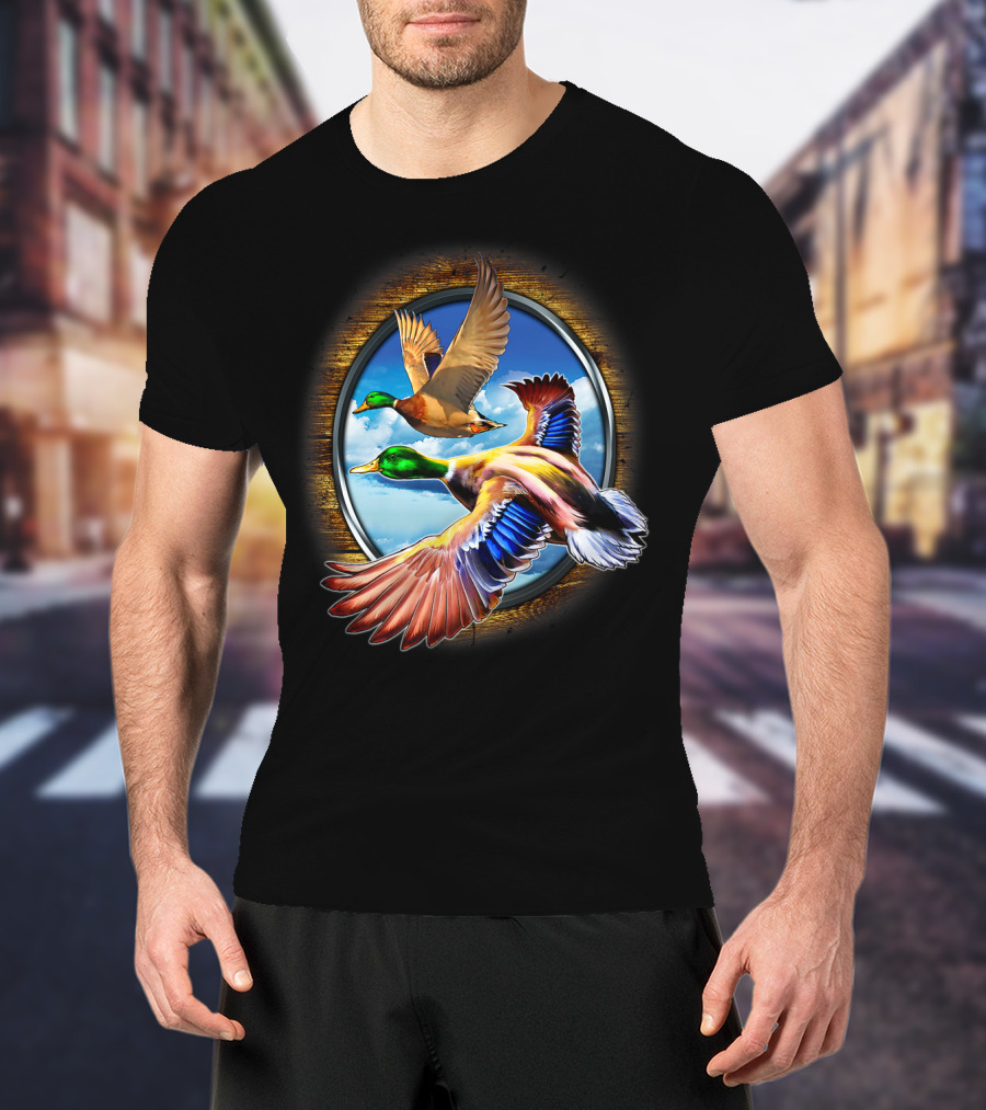 Flying Duck Hunting Scene With Colorful Ducks In Motion T-Shirt