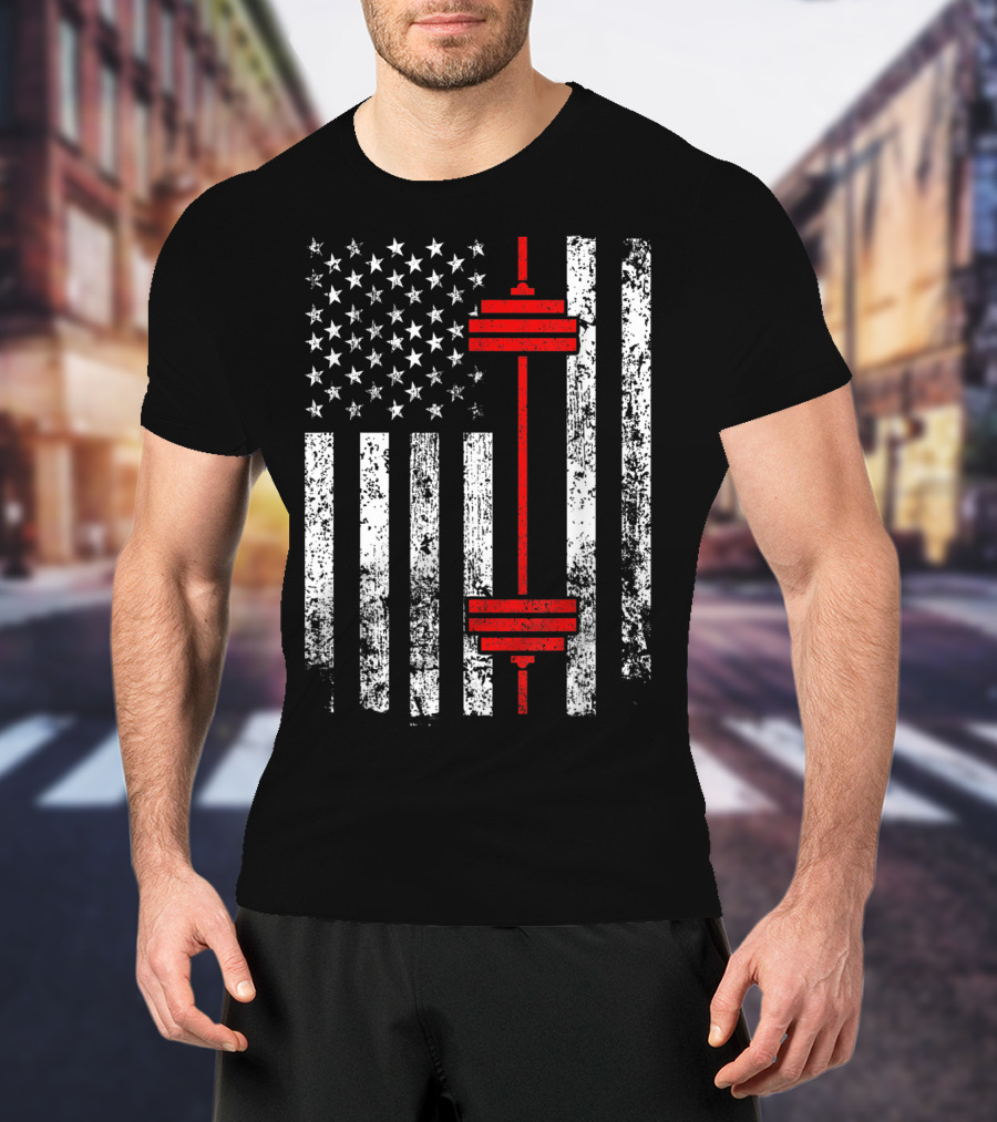 American Flag Barbell Weightlifting Fitness Strength T-Shirt