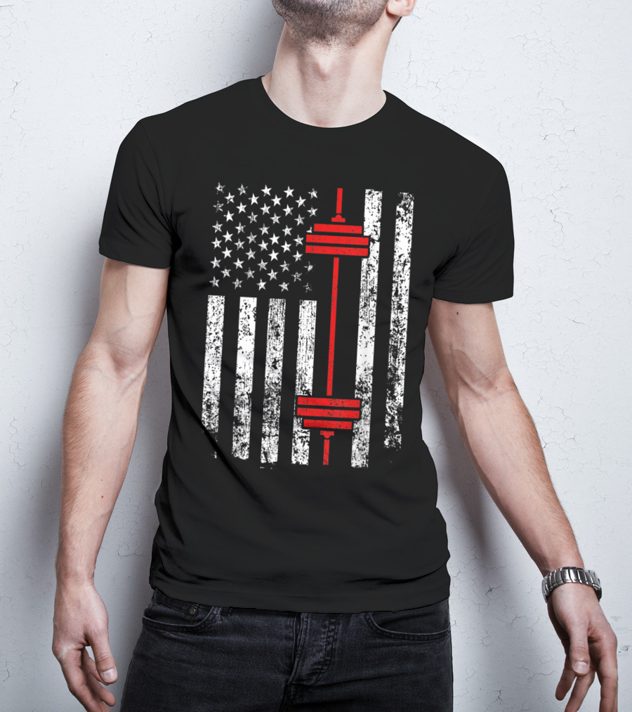American Flag Barbell Weightlifting Fitness Strength T-Shirt