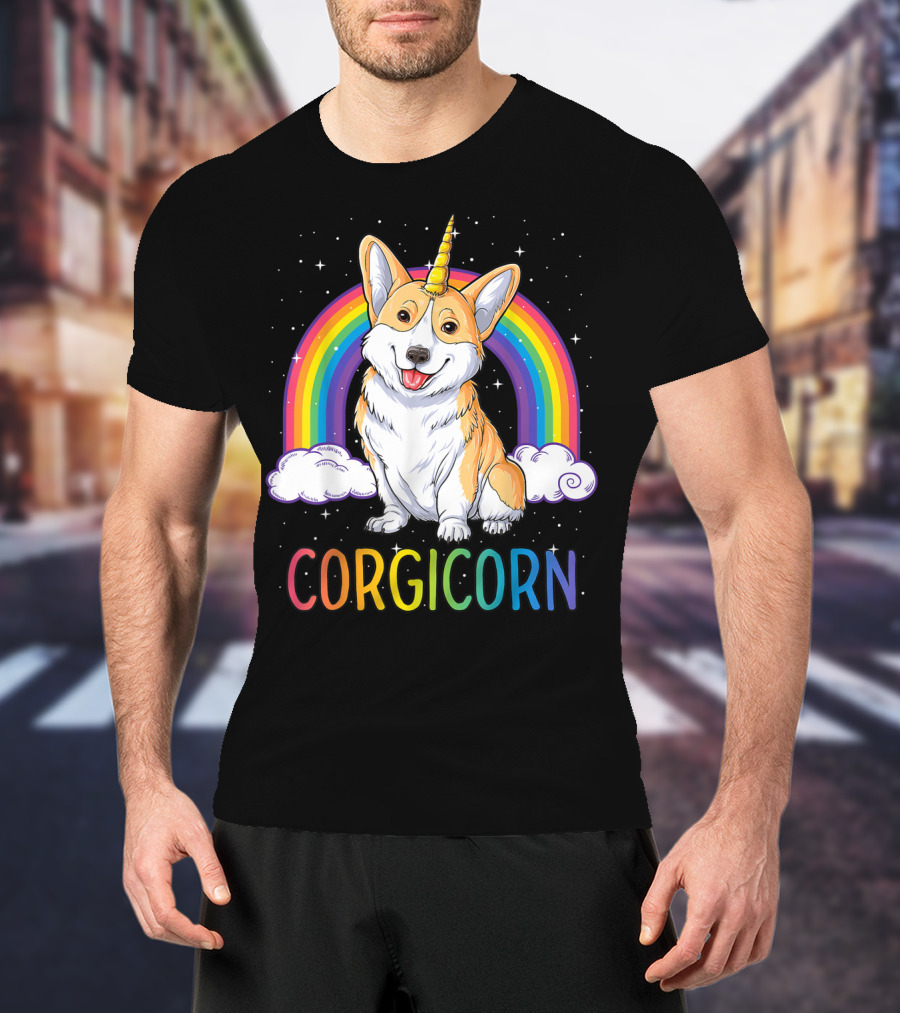 Corgicorn Corgi Unicorn Rainbow Galaxy Stars Clouds T-Shirt