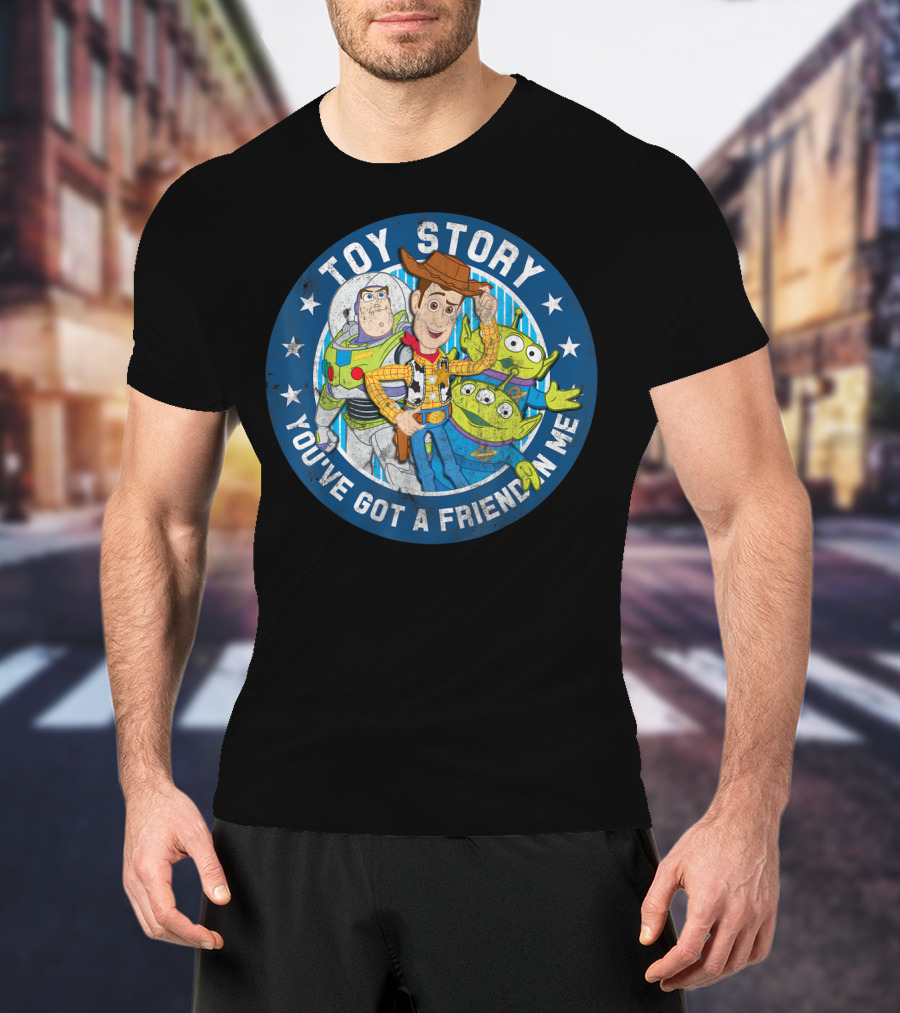 Toy Story You've Got A Friend In Me Buzz Woody Aliens Circle Blue Stars T-Shirt