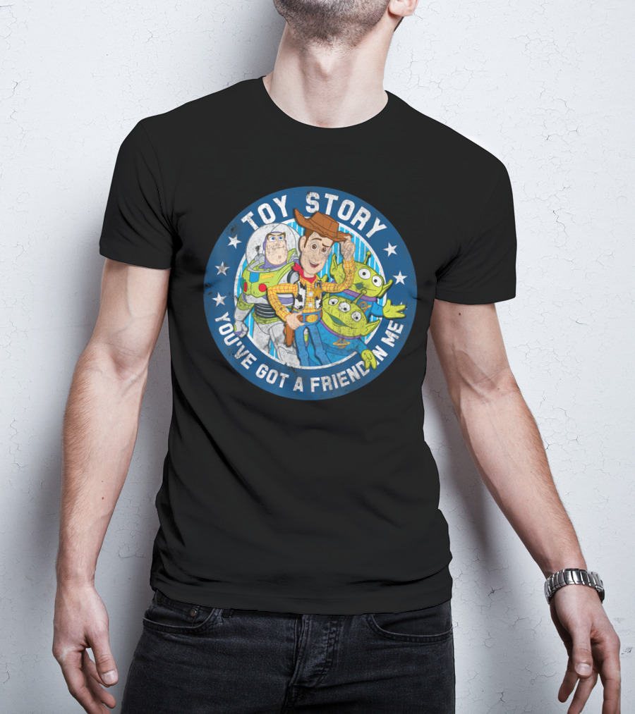 Toy Story You've Got A Friend In Me Buzz Woody Aliens Circle Blue Stars T-Shirt