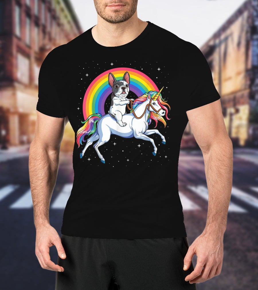 French Bulldog Riding Rainbow Unicorn In Space Galaxy T-Shirt