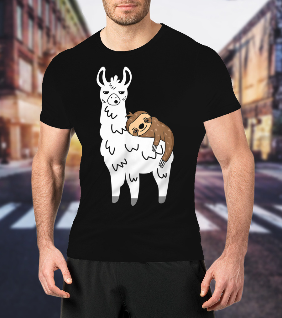 Funny Fluffy Sloth Hugging A Llama T-Shirt