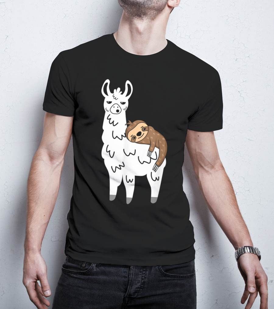 Funny Fluffy Sloth Hugging A Llama T-Shirt