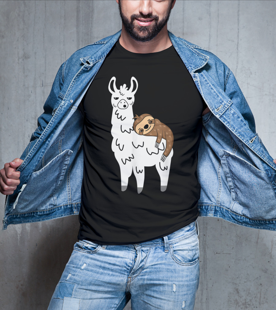 Funny Fluffy Sloth Hugging A Llama T-Shirt
