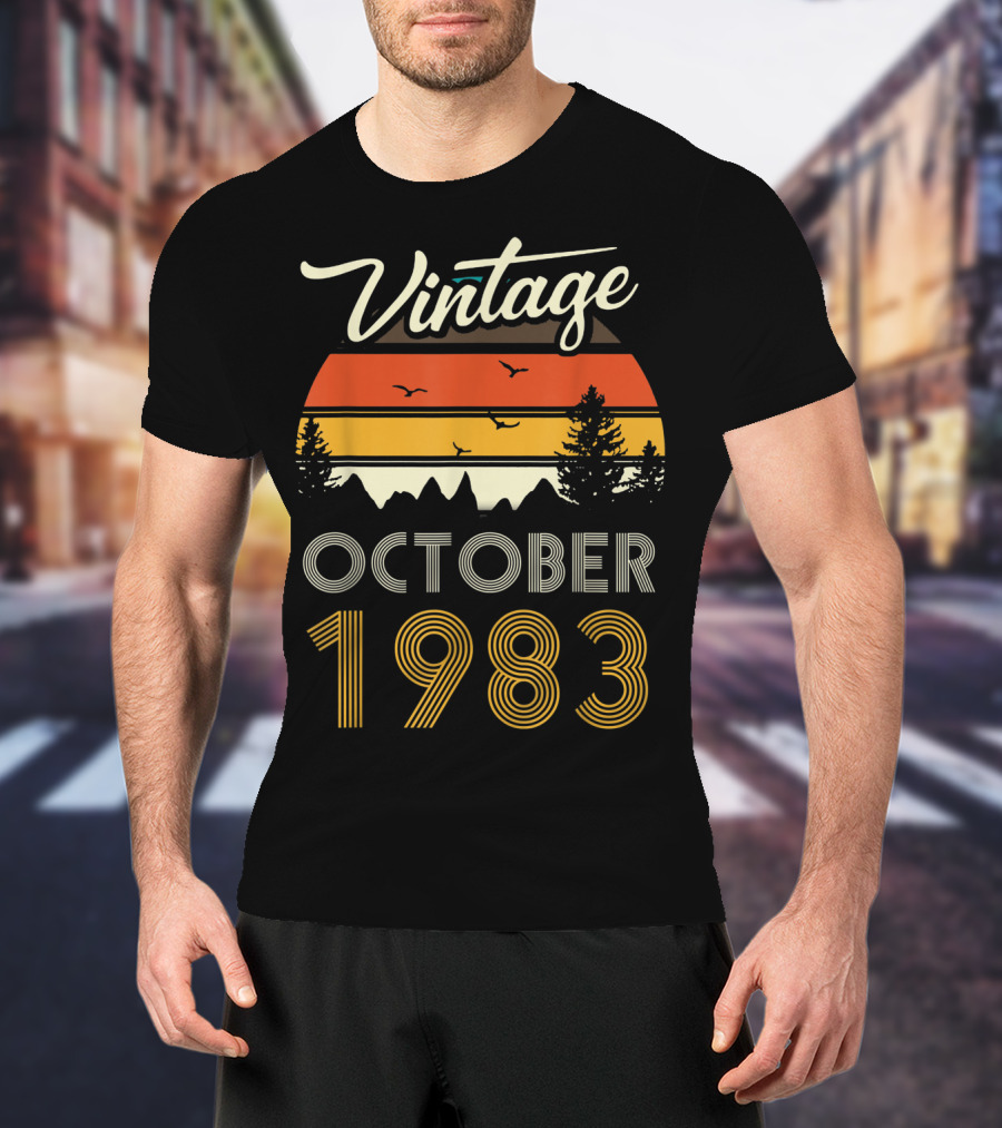 Vintage October 1983 Retro Sunset Pines And Birds T-Shirt