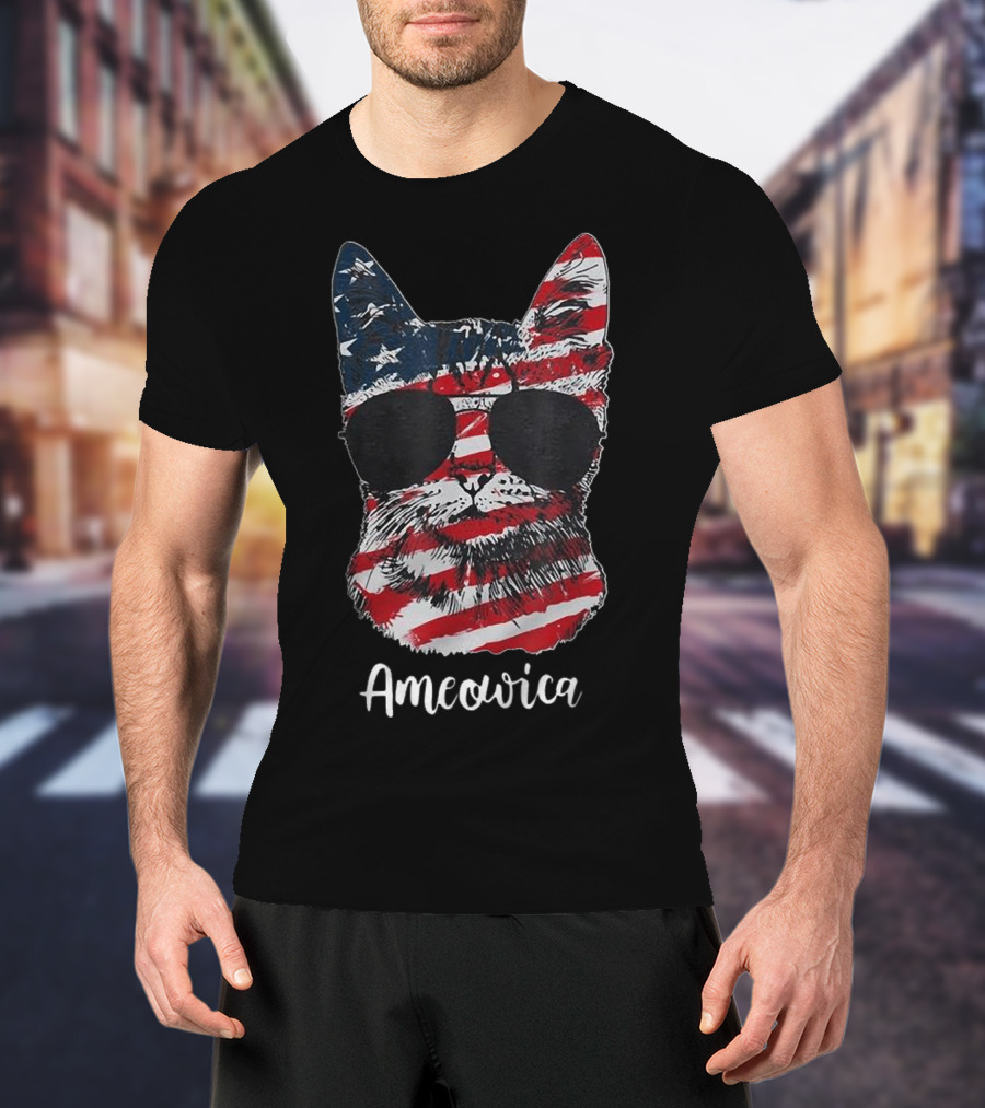 Ameowica American Flag Cat With Sunglasses T-Shirt