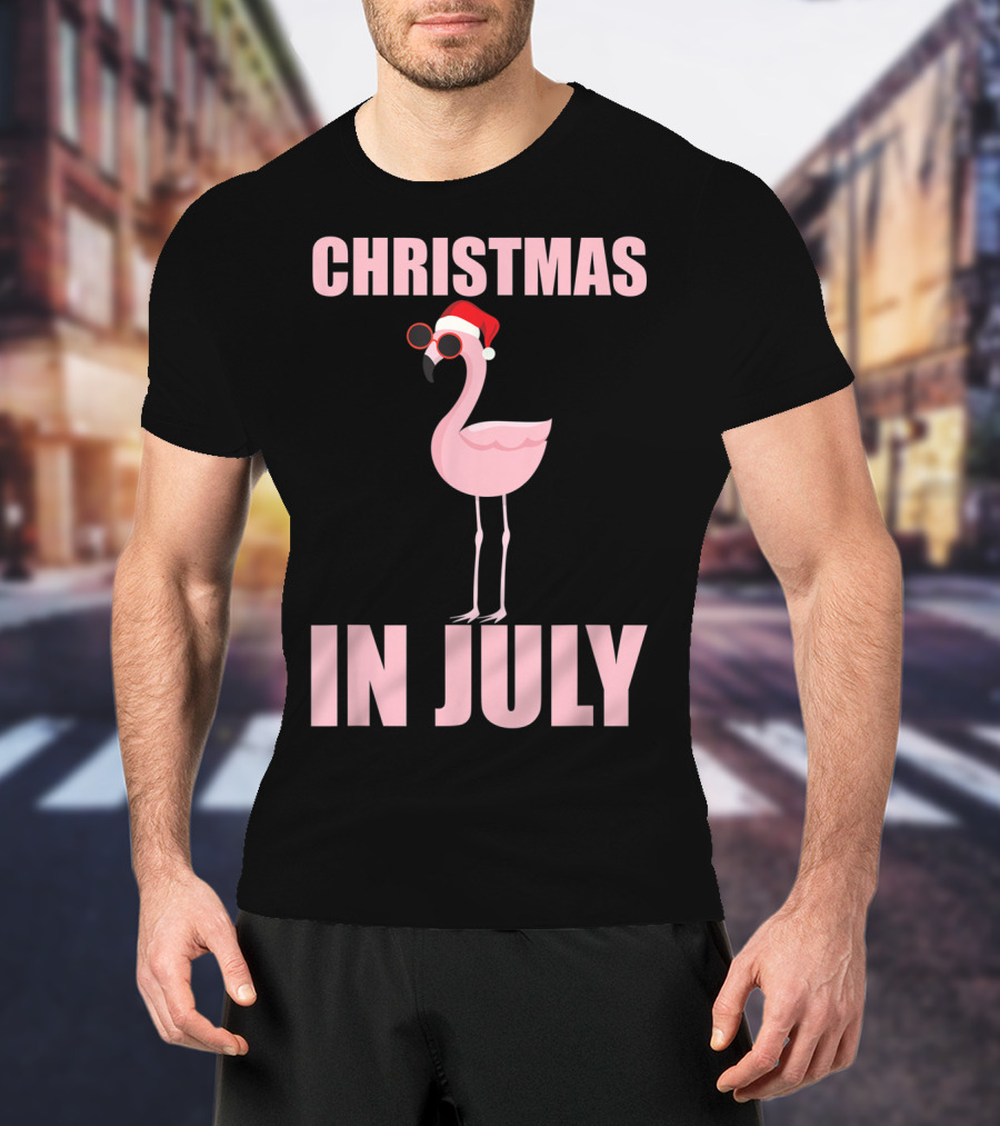 Christmas In July Funny Flamingo In Santa Hat T-Shirt