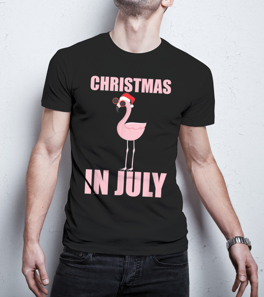Christmas In July Funny Flamingo In Santa Hat T-Shirt