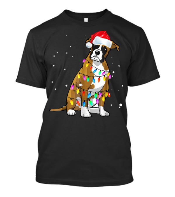 Boxer Dog Wrapped In Christmas Lights Wearing Santa Hat T-Shirt