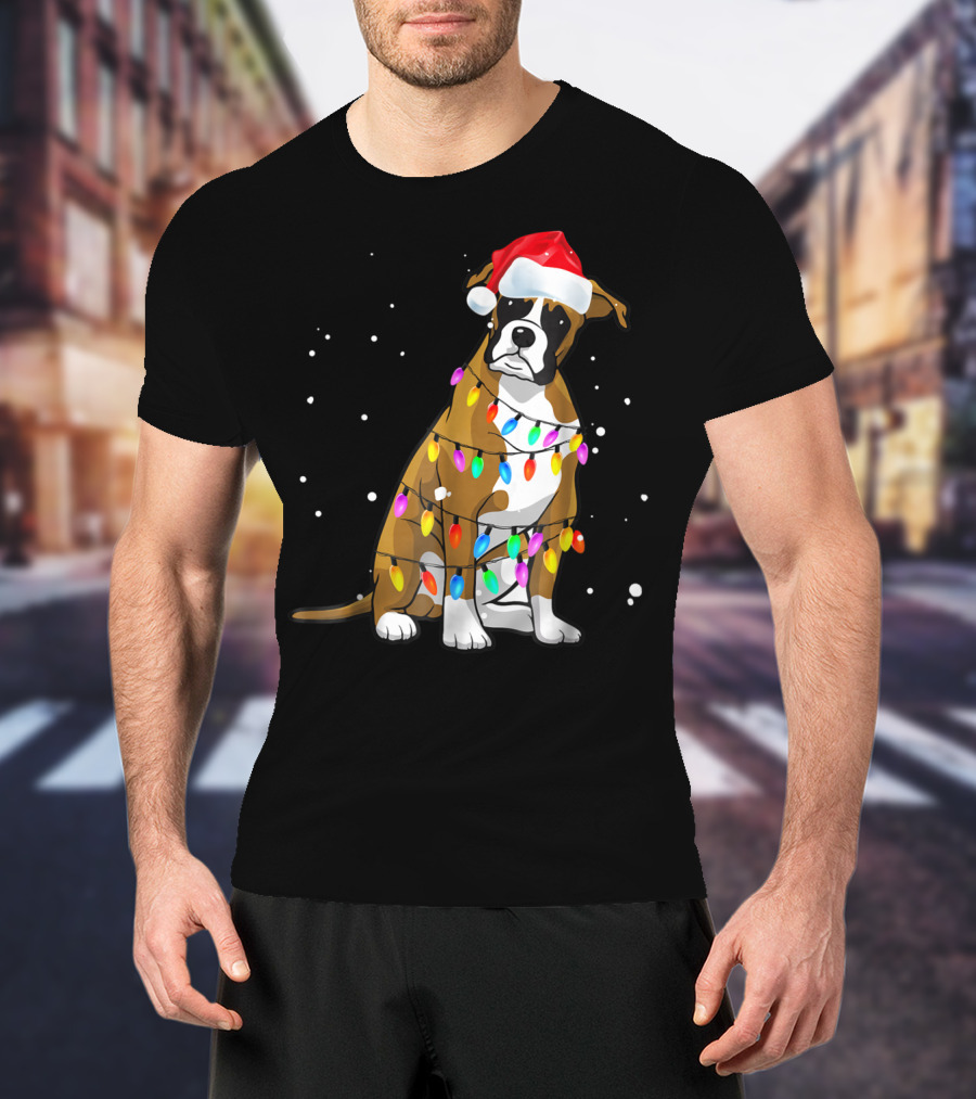 Boxer Dog Wrapped In Christmas Lights Wearing Santa Hat T-Shirt