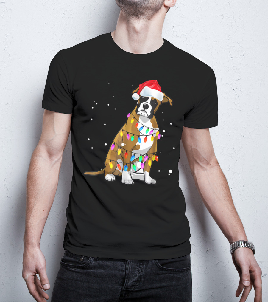 Boxer Dog Wrapped In Christmas Lights Wearing Santa Hat T-Shirt