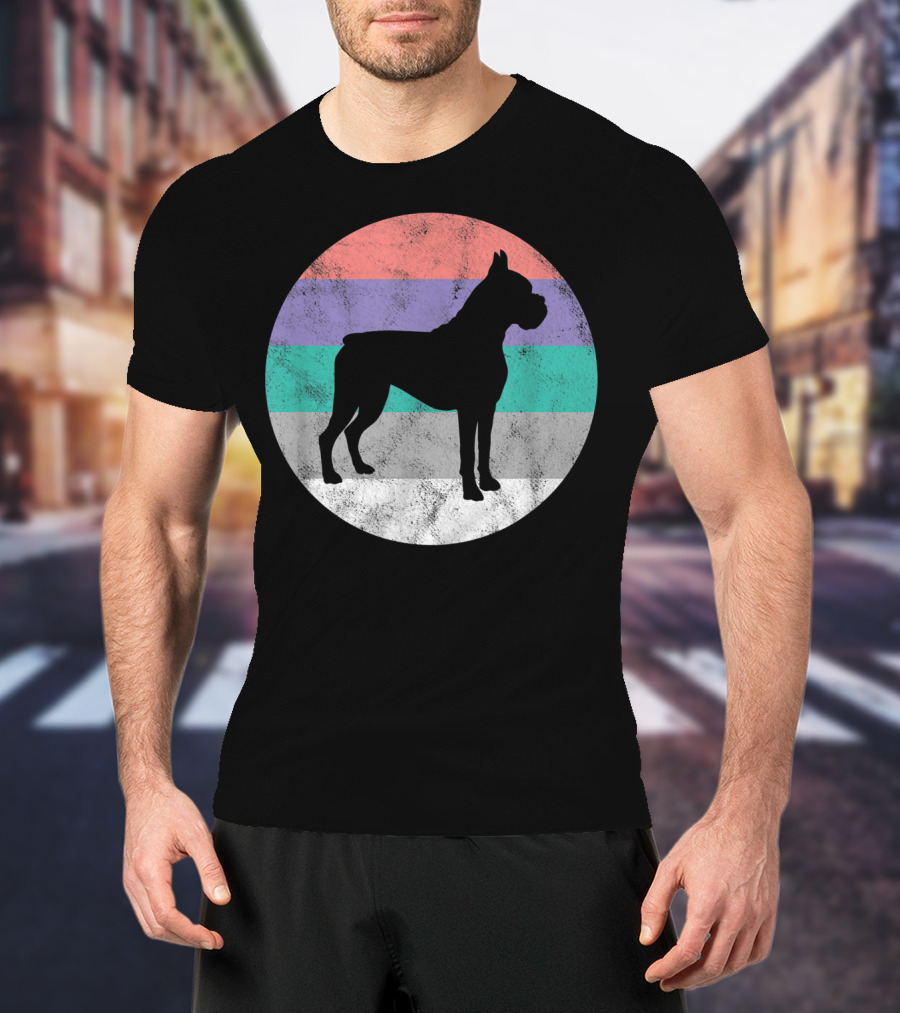 Boxer Dog Silhouette With Striped Circle Retro T-Shirt