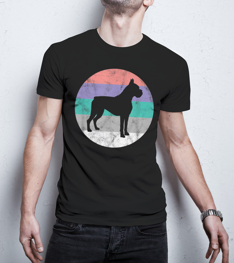 Boxer Dog Silhouette With Striped Circle Retro T-Shirt