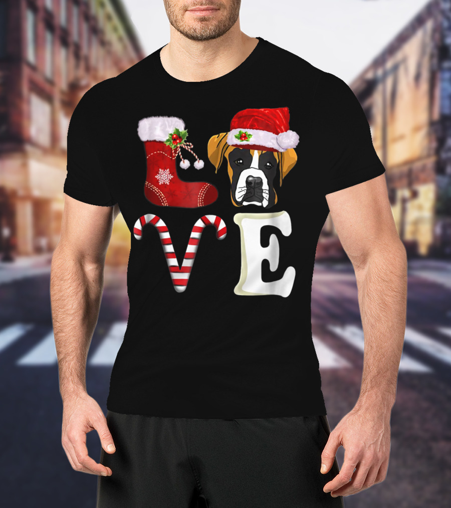 Boxer Dog Love Christmas Light With Santa Hat And Candy Cane T-Shirt