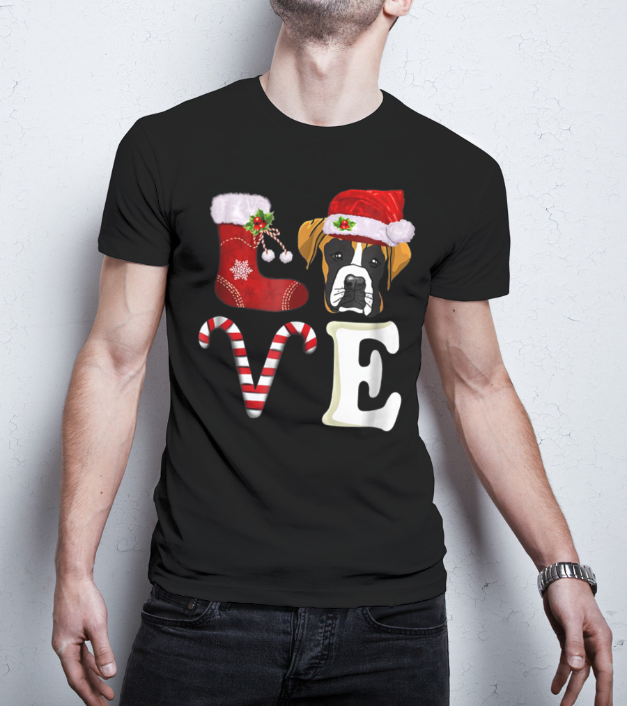 Boxer Dog Love Christmas Light With Santa Hat And Candy Cane T-Shirt