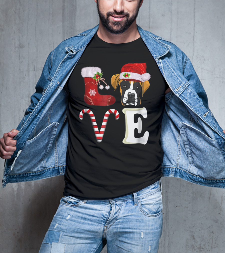 Boxer Dog Love Christmas Light With Santa Hat And Candy Cane T-Shirt