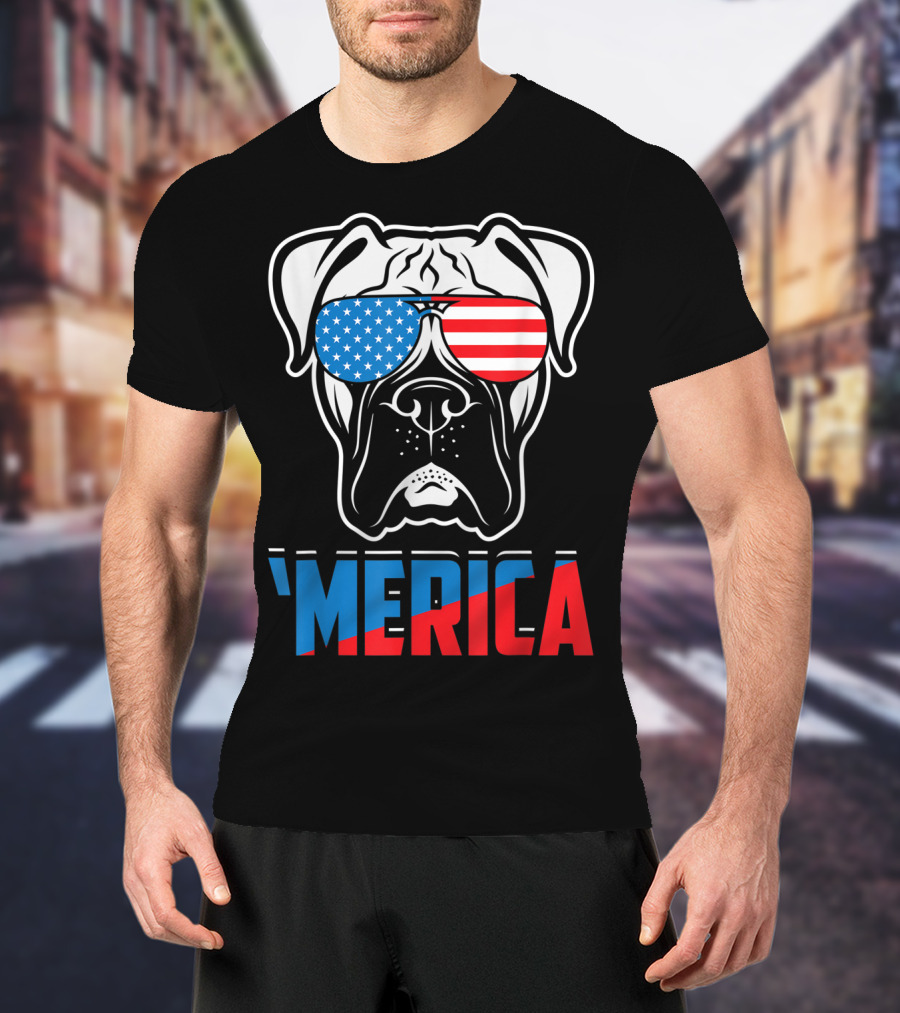 Boxer Dog In American Flag Sunglasses 'Merica Patriot T-Shirt