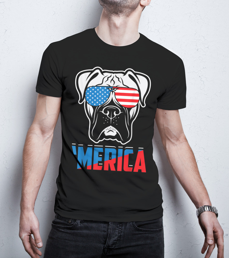 Boxer Dog In American Flag Sunglasses 'Merica Patriot T-Shirt