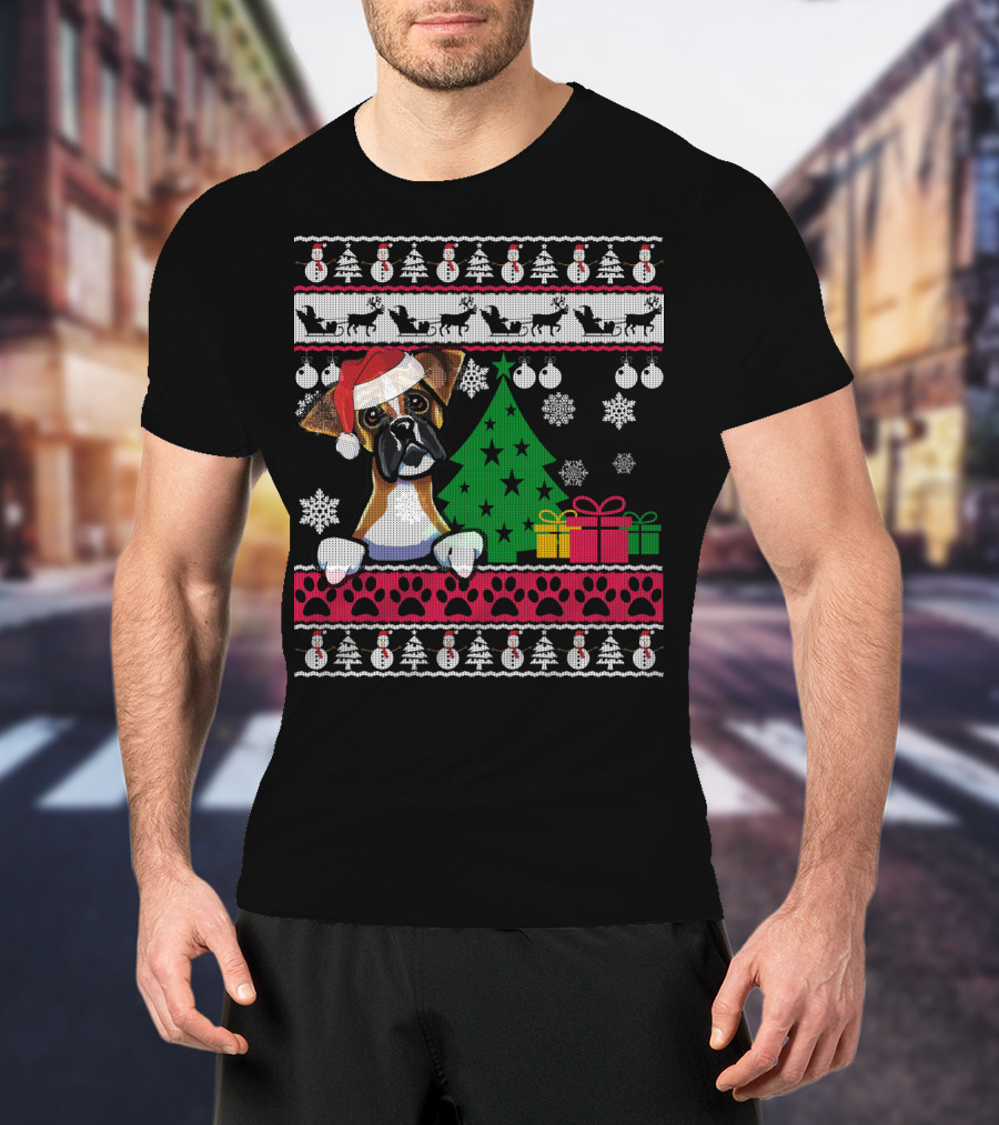 Boxer Dog Santa Hat Ugly Christmas Holiday Tree Gifts Snowflakes Festive T-Shirt