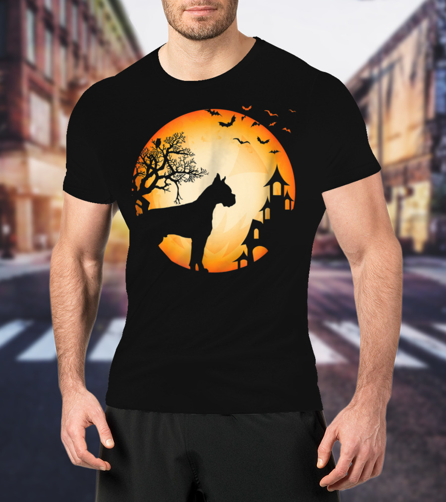Scary Boxer Dog Halloween Moon With Bats And Haunted House Scene T-Shirt