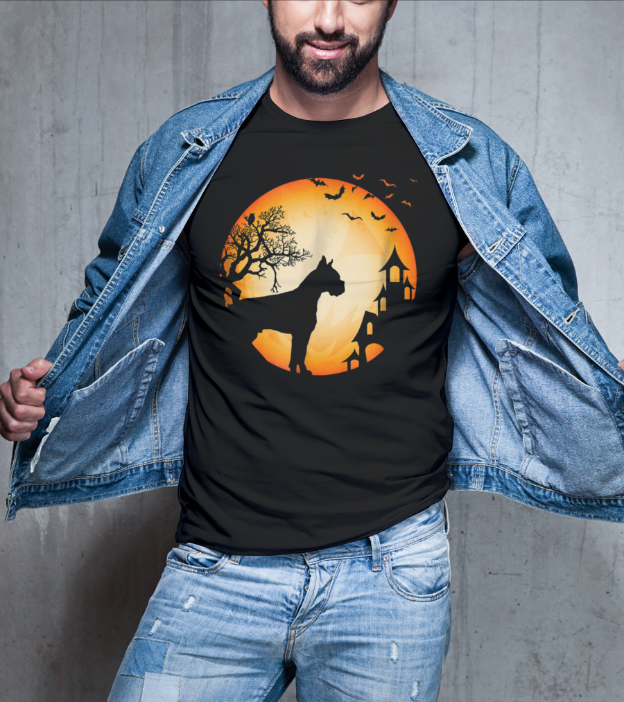 Scary Boxer Dog Halloween Moon With Bats And Haunted House Scene T-Shirt