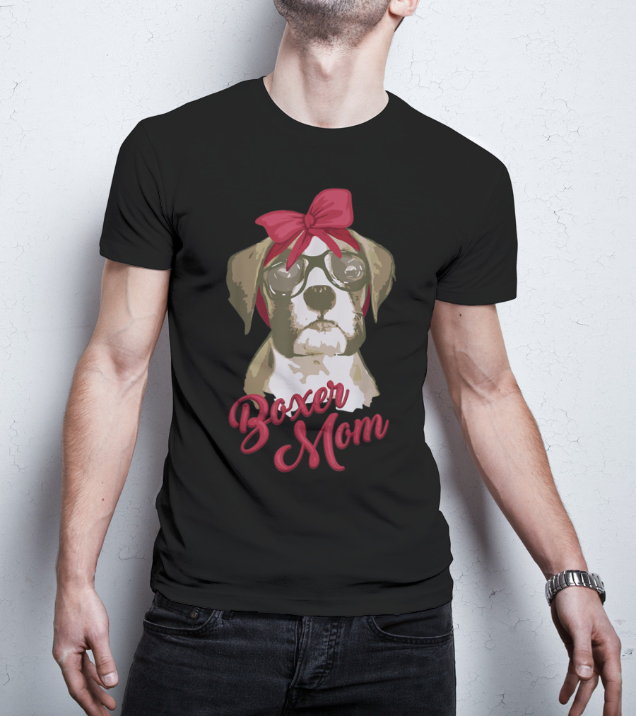 Boxer Mom Funny Cool I Heart Boxer Breed Glasses Red Bow T-Shirt