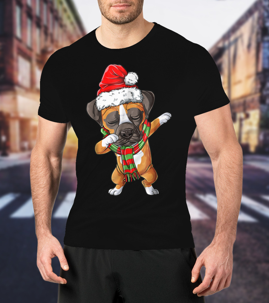 Dabbing Boxer Dog In Santa Hat With Christmas Scarf T-Shirt