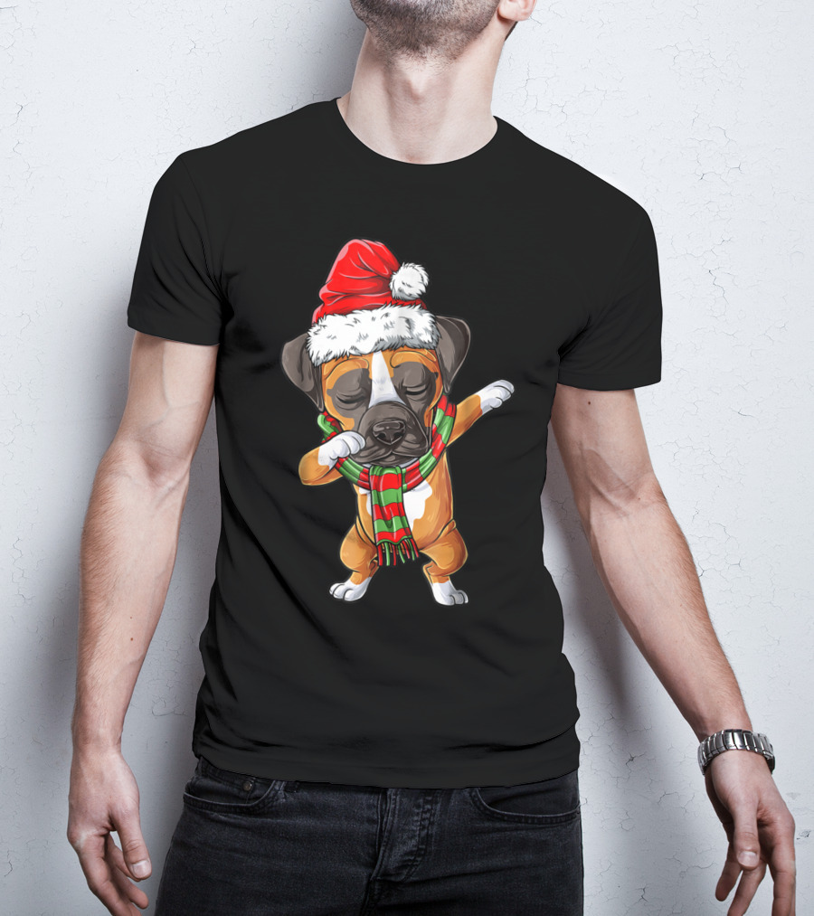 Dabbing Boxer Dog In Santa Hat With Christmas Scarf T-Shirt