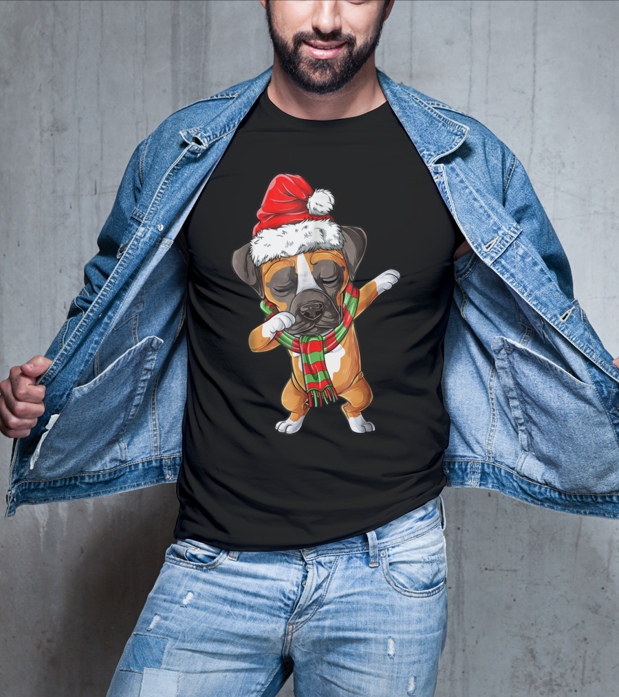 Dabbing Boxer Dog In Santa Hat With Christmas Scarf T-Shirt