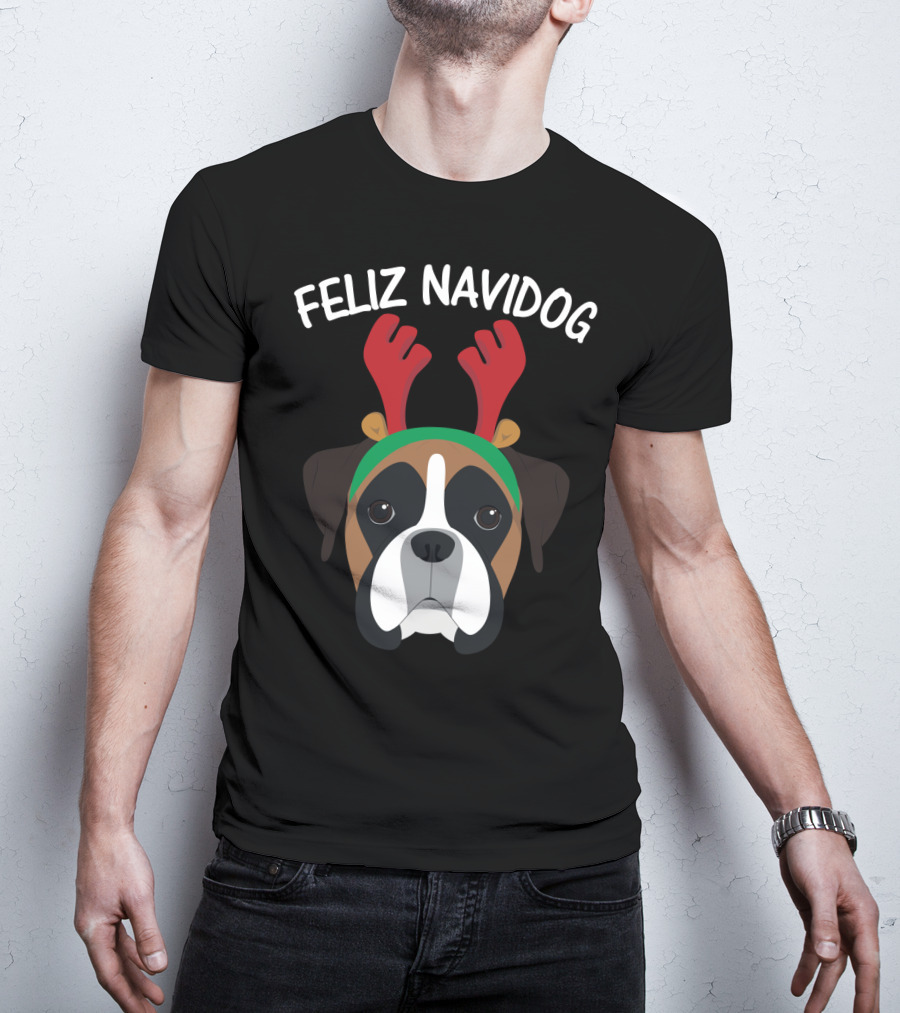 Feliz Navidog Navidad Boxer Dog Reindeer Antlers T-Shirt