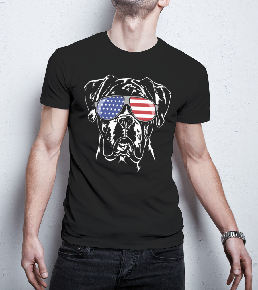 Funny American Flag Sunglasses Boxer Dog Pride T-Shirt