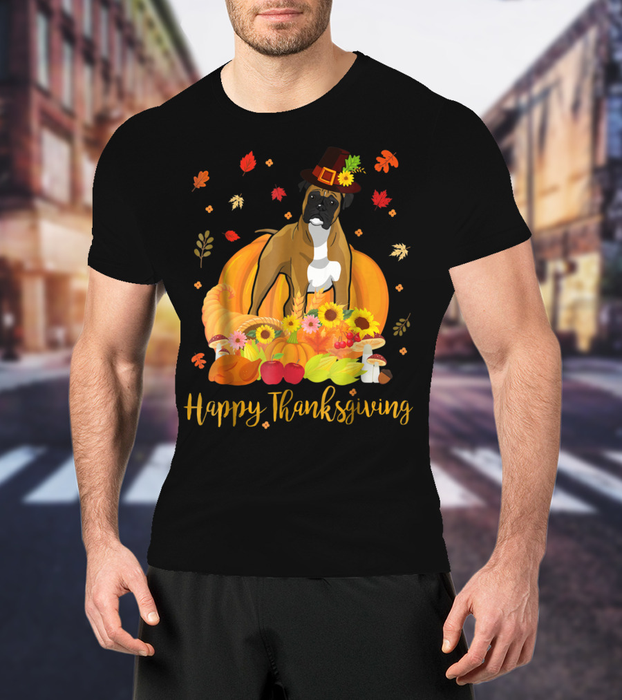 Thanksgiving Boxer Dog With Pilgrim Hat And Harvest Feast T-Shirt
