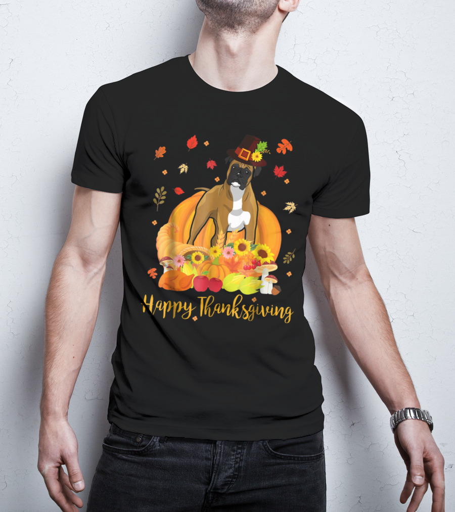 Thanksgiving Boxer Dog With Pilgrim Hat And Harvest Feast T-Shirt