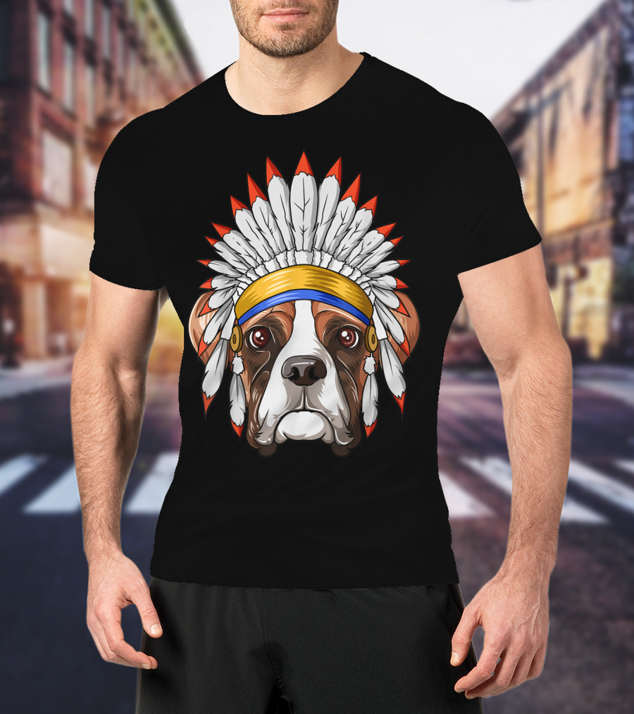 Native Indian American Boxer Feather Headdress Boxer Dog T-Shirt