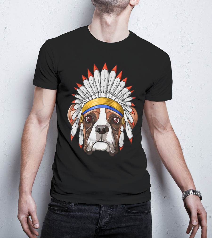 Native Indian American Boxer Feather Headdress Boxer Dog T-Shirt