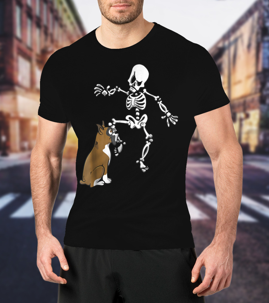 Boxer Dog Biting Skeleton Leg Halloween Dog Skeleton T-Shirt